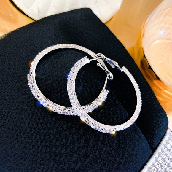 NEW 925 Silver Diamond Round Hoop Earrings - Picture 3 of 6